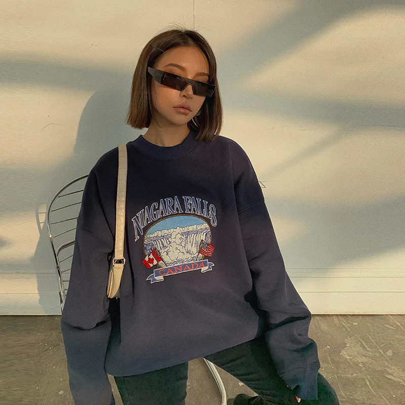 Title 3, Damen Oversize Pullover mit Retro Stickerei, Ve...