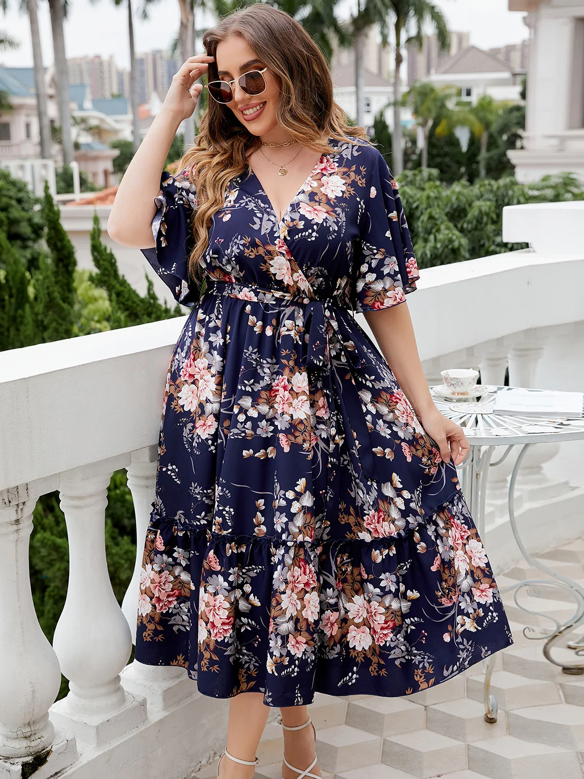 Summer V-neck Dark Blue Print Plus Size Dress, a comfortable and stylish choice for warm weather, perfect for a breezy s — photo 7