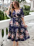 Summer V-neck Dark Blue Print Plus Size Dress, a comfortable and stylish choice for warm weather, perfect for a breezy s — photo 7