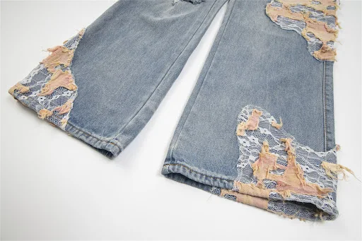 Title 8, Lace Patchwork Stitching Loose Denim Trousers o...