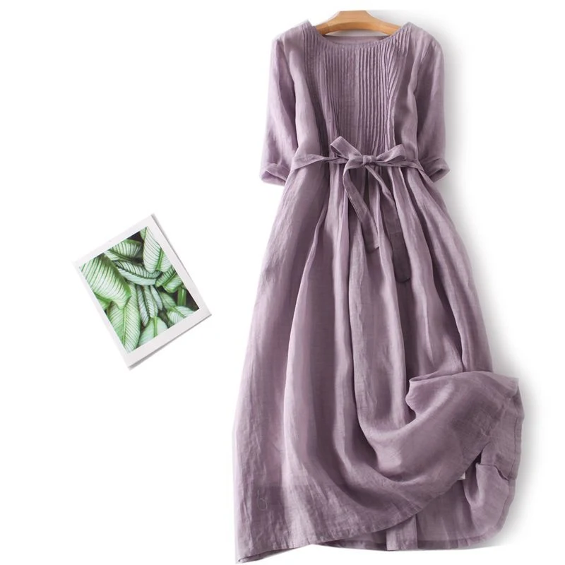 Artistic Retro Crew Neck Ramie Lace-up 34 Sleeve Slimming Purple Dress — photo 8