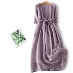 Artistic Retro Crew Neck Ramie Lace-up 34 Sleeve Slimming Purple Dress — photo 8