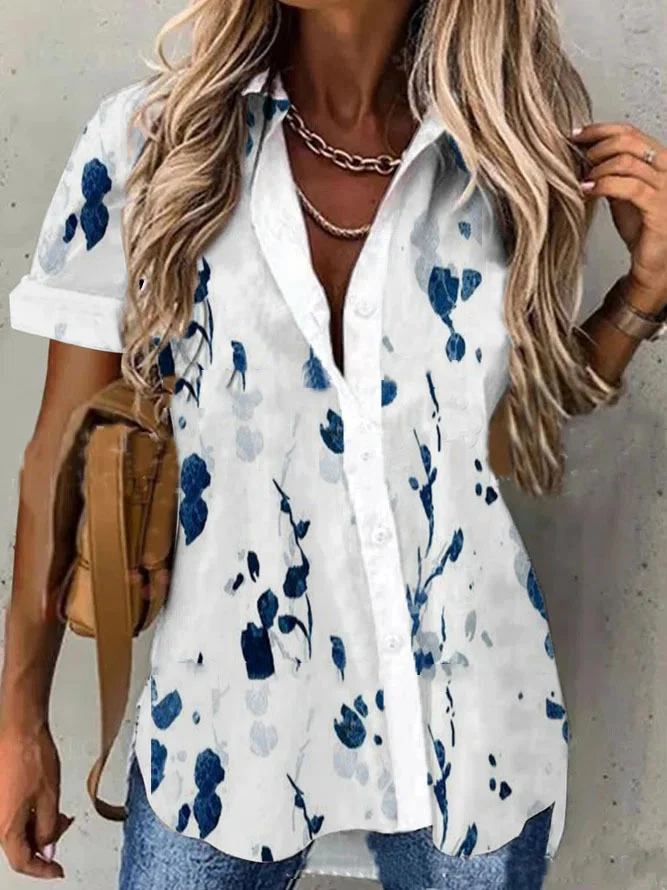 Title 2, Camisa feminina estampada com botões e lapela, ...