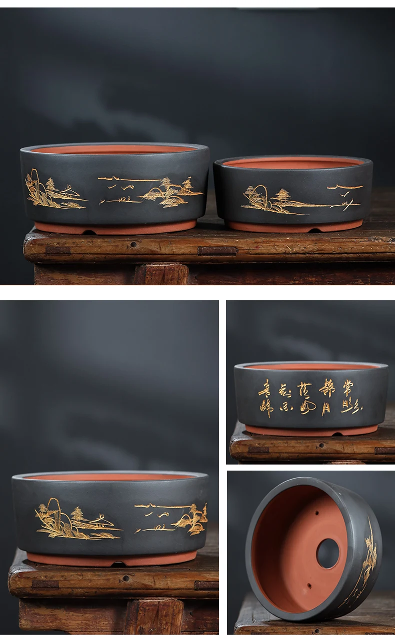 Title 3, Purple Sand Flower Pot Round Plum Bonsai Pot In...