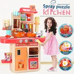 Cozinha de brinquedo simulada para crianças, com mesa de jantar e utensílios. Brinquedo para meninas, casa de brincar transfronteiriça. — foto 1