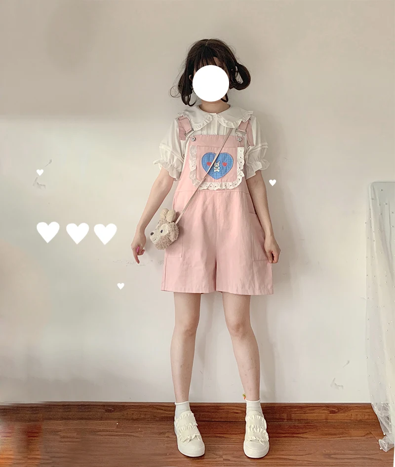 Women's Cute Rabbit Embroidered High Waist Loose Bib Shorts. Comfortable and stylish, perfect for a casual summer look. — photo 2