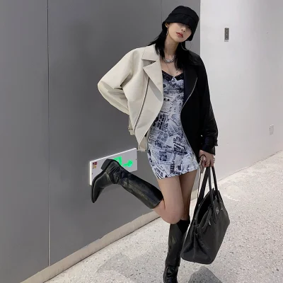 Jaqueta feminina de couro PU curta e solta estilo locomotiva com cores vibrantes. Ideal para um visual moderno e estiloso. — foto 5