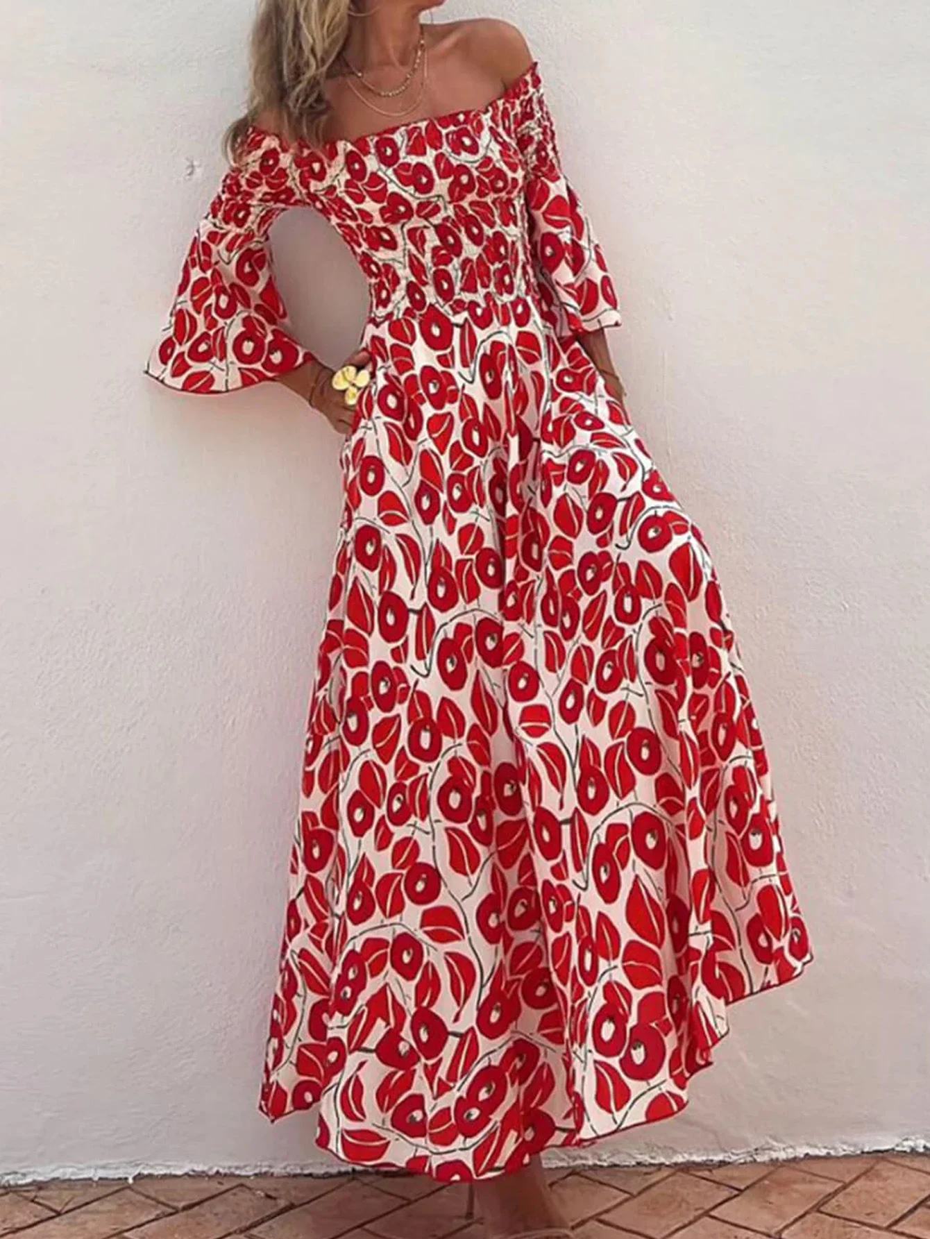 Title 4, Floral Pleated Off-the-shoulder Pocket Long Dress