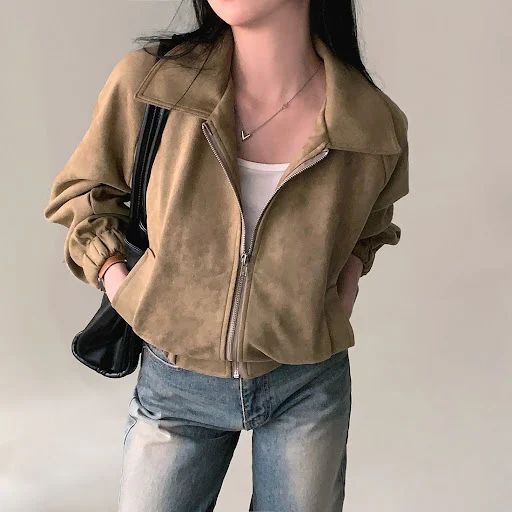 Title 13, Retro Lapel Loose Zip Long Sleeve Short Coat of...