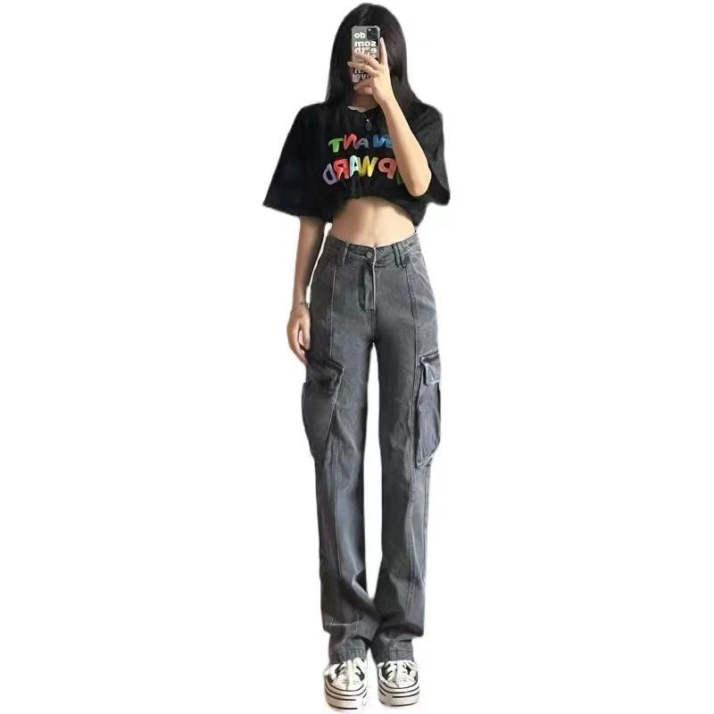Jeans de trabajo grandes grises lavados retro para mujer con bolsillos, estilo vintage cómodo para usar todo el día y con mucho estilo. — foto 7