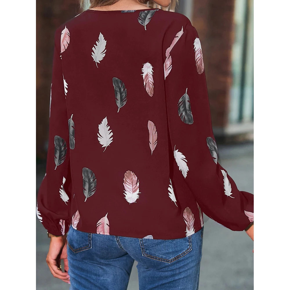 Title 5, Feather Print Polo Shirt Long Lantern Sleeve Sh...
