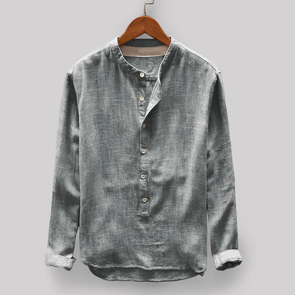 Camisa masculina de manga longa em algodão e linho de cor sólida, respirável e confortável, ideal para um visual casual e elegante. — foto 5