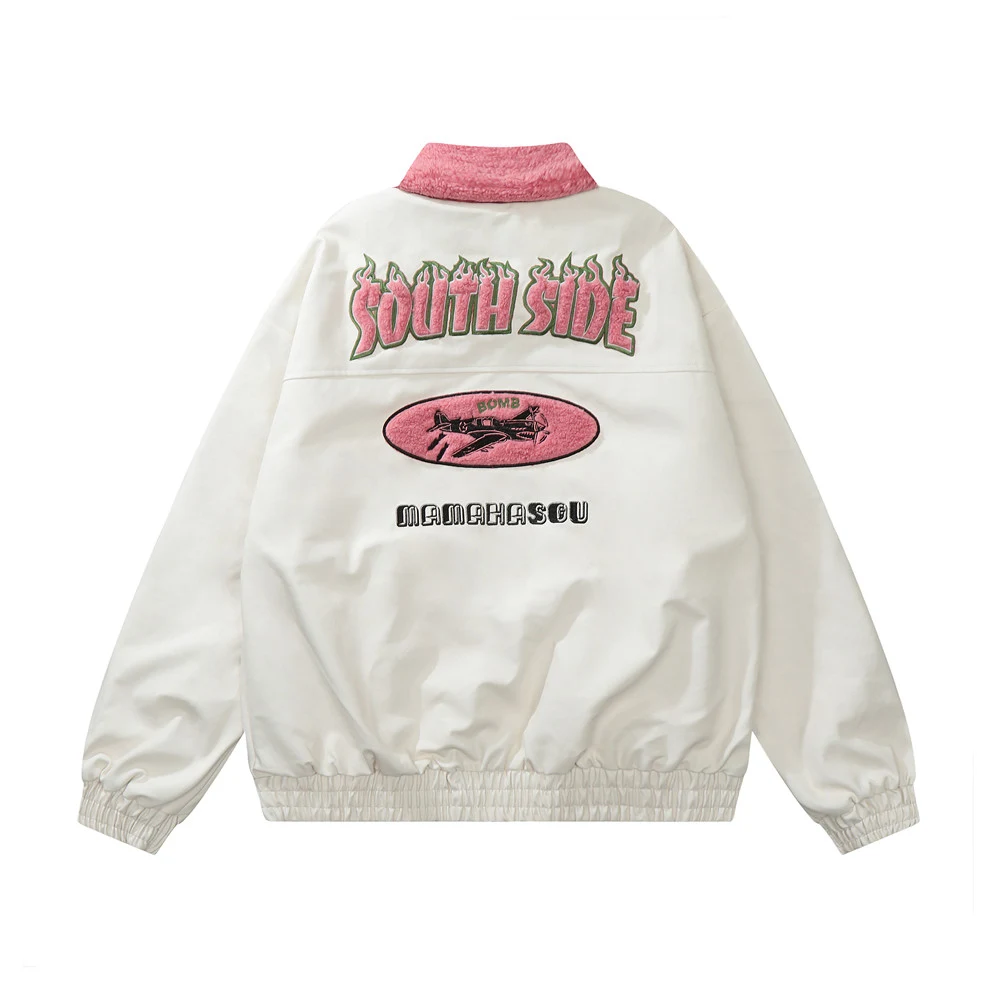 Jaqueta de couro PU para motociclista masculina, bordado flocado de letras de chama, patchwork com contraste de cores, gola de pele. — foto 1