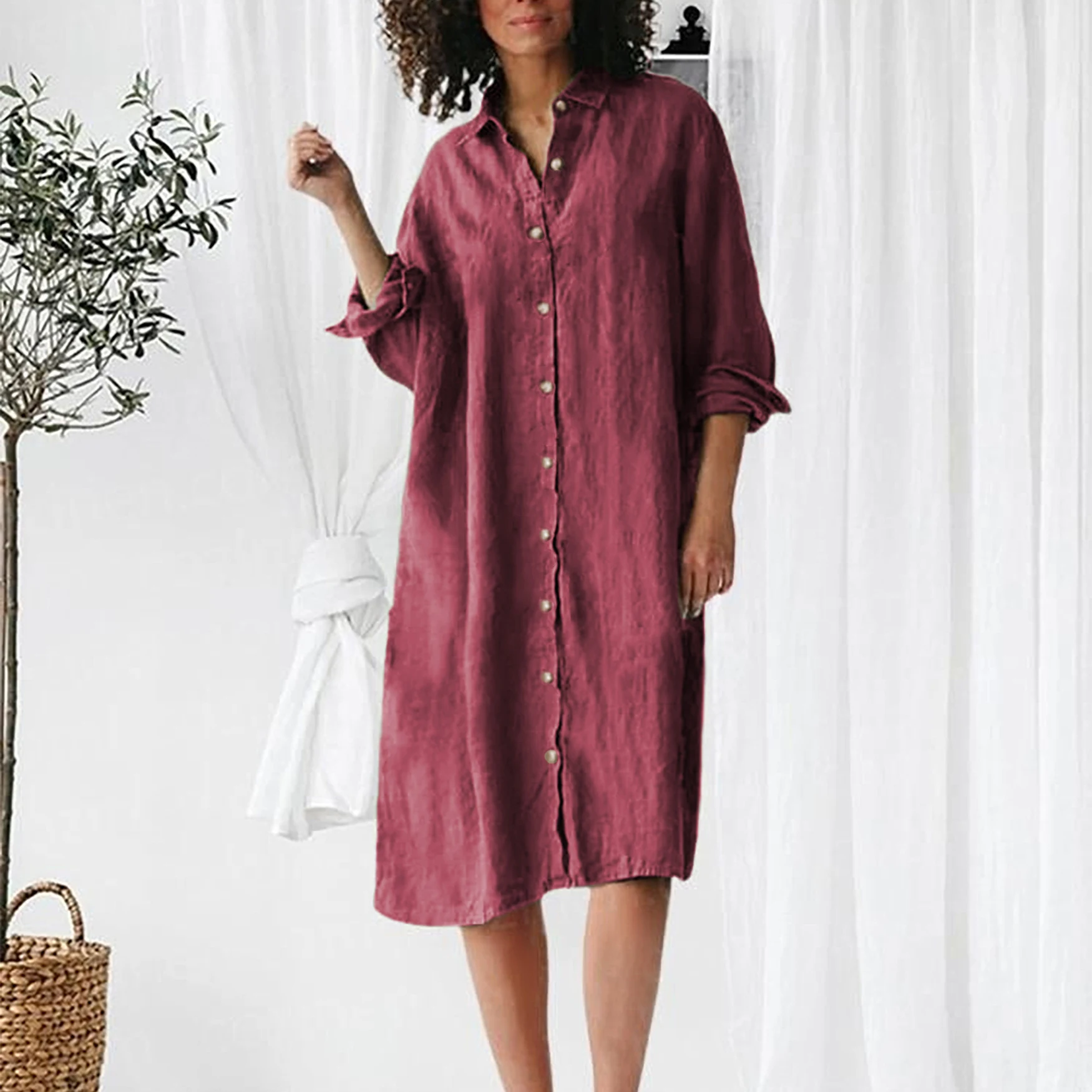Title 3, Long Sleeve Lapel Button Shirt Mid-length Dress