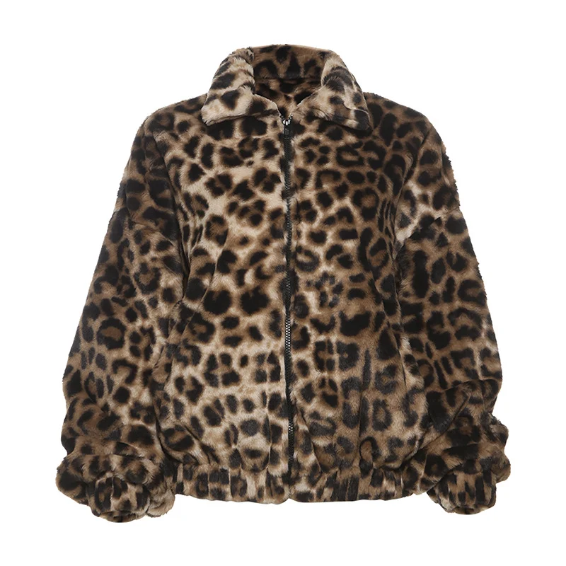 Women's Loose Leopard Print Short Plush Coat. Stay warm and stylish with this soft, comfortable coat. Perfect for a fash — photo 2