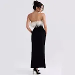 Europese en Amerikaanse off-shoulder contrasterende kleur struisvogelhaar tube top hoge split bandage eendelige jurk — foto 5