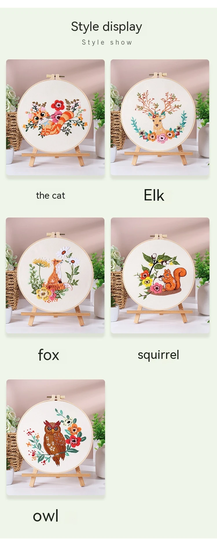 Pacote de materiais de bordado à mão com esquilo, coruja, raposa, gato e alce. Crie bordados únicos e personalizados para seus projetos. — foto 24