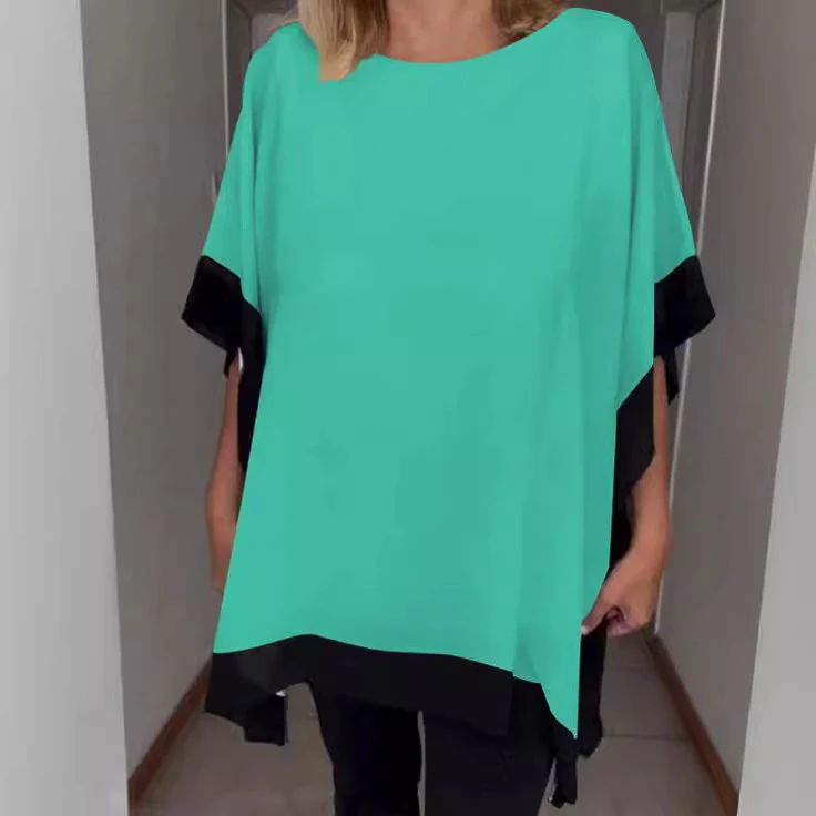Voorborst Ronde hals Losse korte mouwen Vleermuismouw Effen kleur Stiksels T-shirt — foto 6