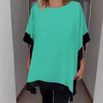 Voorborst Ronde hals Losse korte mouwen Vleermuismouw Effen kleur Stiksels T-shirt — foto 6