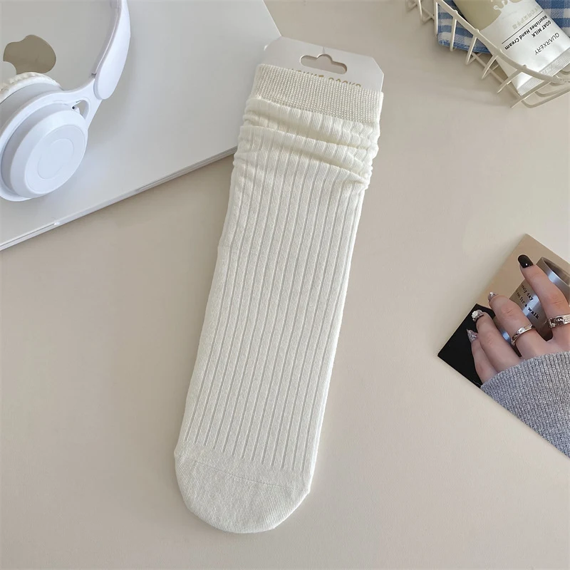 Solid Color Yarn Sunken Stripe Women White Tube Bunching Socks Women — photo 3