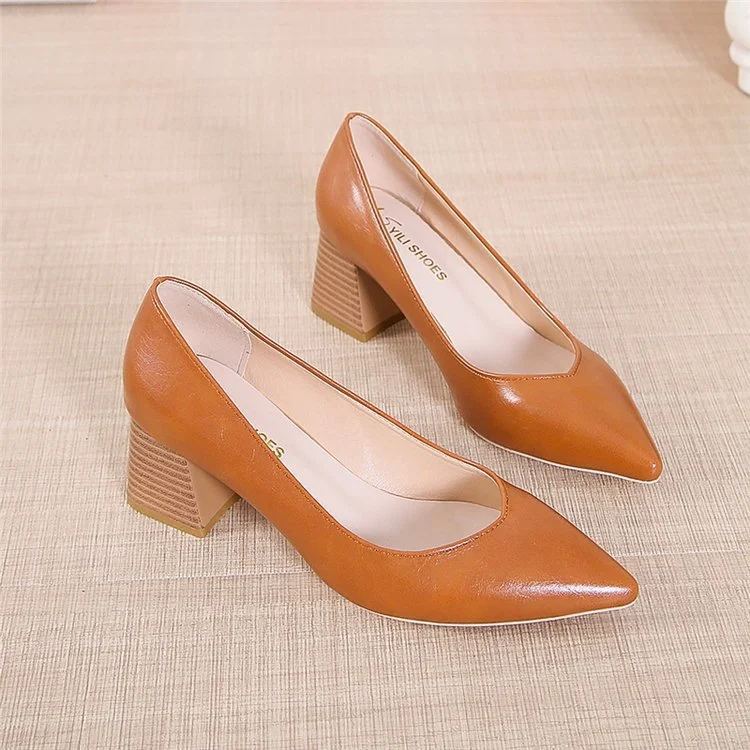 Title 2, Pointed toe shoes with thick heels offering sty...