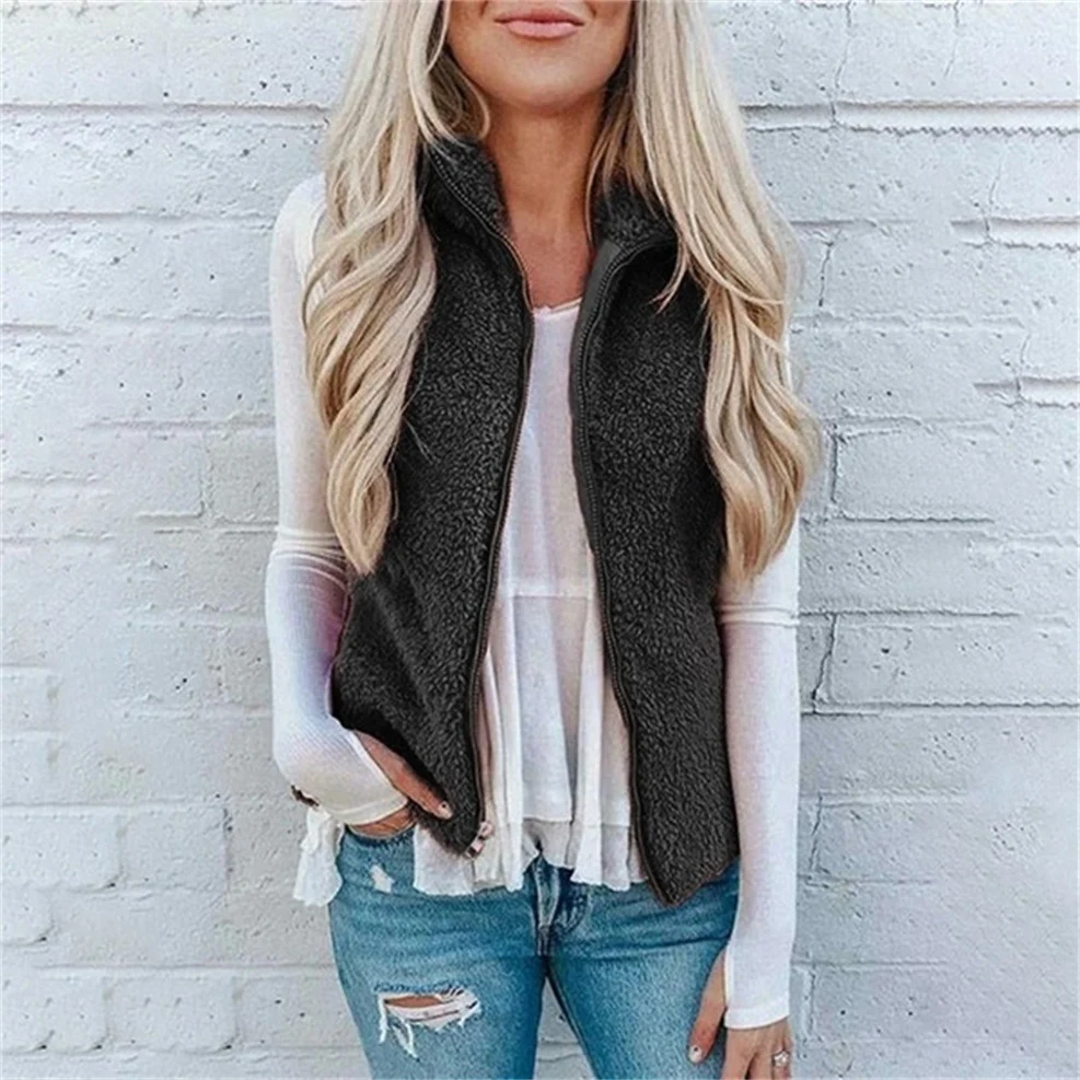Title 7, Pure Color Plush Vest with Pocket Zipper. Stay ...