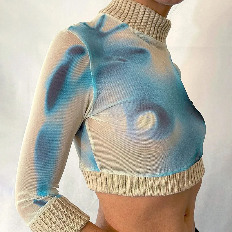 Camicetta da donna casual alla moda ritagliata a maniche lunghe con girocollo stampato — foto 6