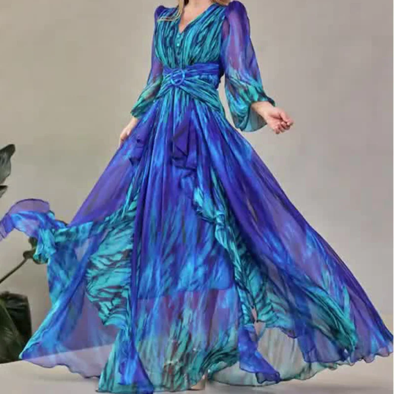 Abbigliamento da donna europeo e americano Autunno con scollo a V Manica a lanterna Gonna lunga stampata Vita alta Temperamento sottile Floreale — foto 5