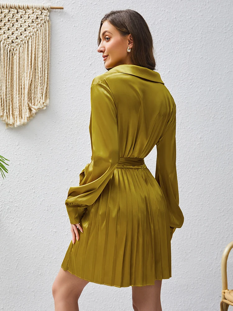 Title 7, Design Sense Lace-up Long Sleeve Pleated Dress ...