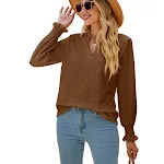 Women's solid color hollow-out pleated ruffle shirts with V-neck and long sleeves. Loose fit tops perfect for a casual y — photo 9