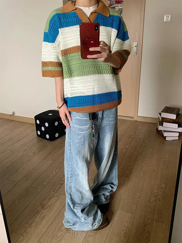 Title 2, Striped Hollow Knitwear Short Sleeve Mens T-sh...