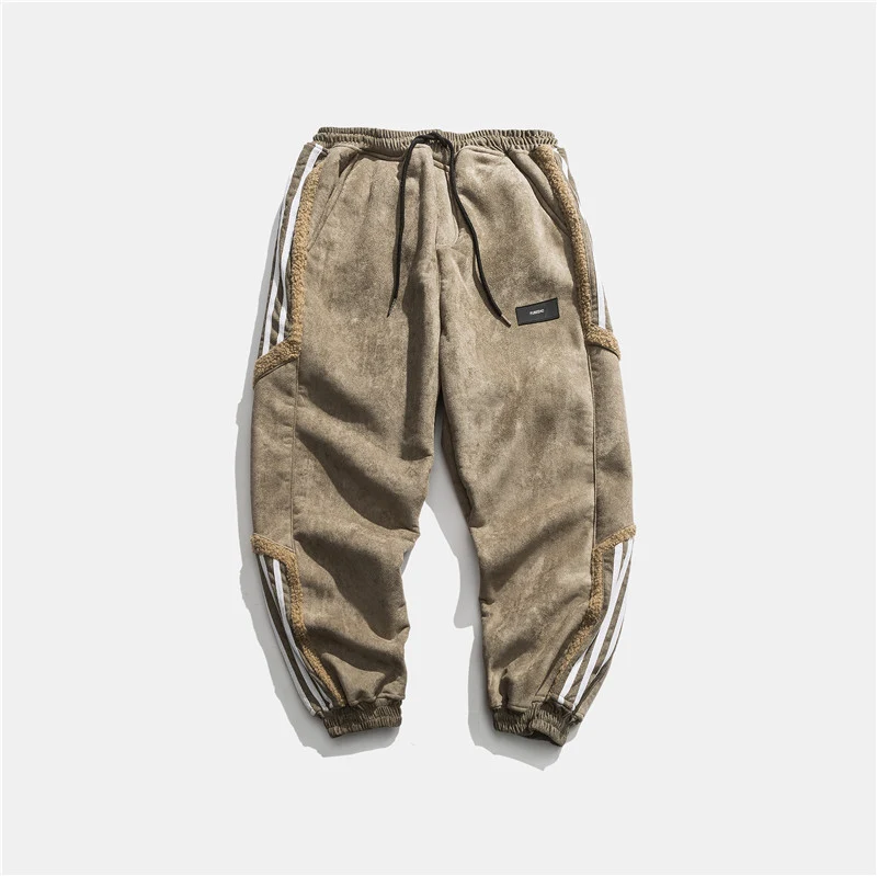 Pantalones casuales de ciervo gruesos con forro polar y costuras a rayas retro japonesas para el invierno, ideales para un look cómodo y abrigado. — foto 2