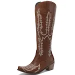 Botas femininas de cano alto com salto médio e bordado vintage. Combine estilo e conforto com estas botas elegantes para um visual retrô. — foto 11