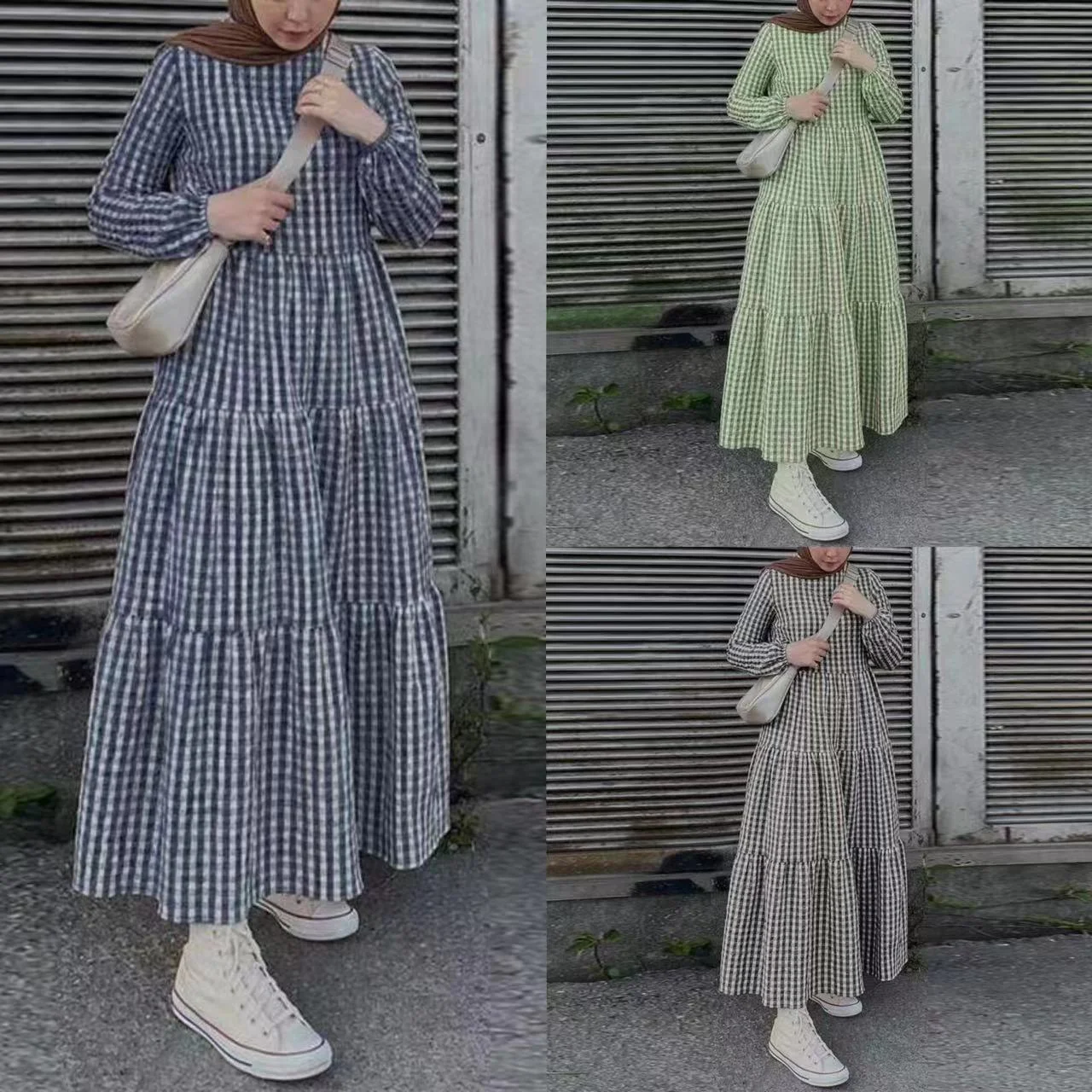 Middle East Plaid Long Sleeve Elastic Sleeve Round Neck Loose Waist Casual Dress — photo 5