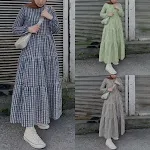 Middle East Plaid Long Sleeve Elastic Sleeve Round Neck Loose Waist Casual Dress — photo 5