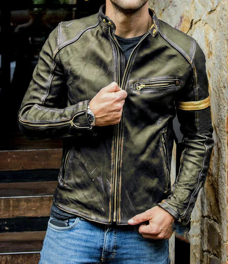Title 5, Punk mens motorcycle leather jacket. Rugged le...