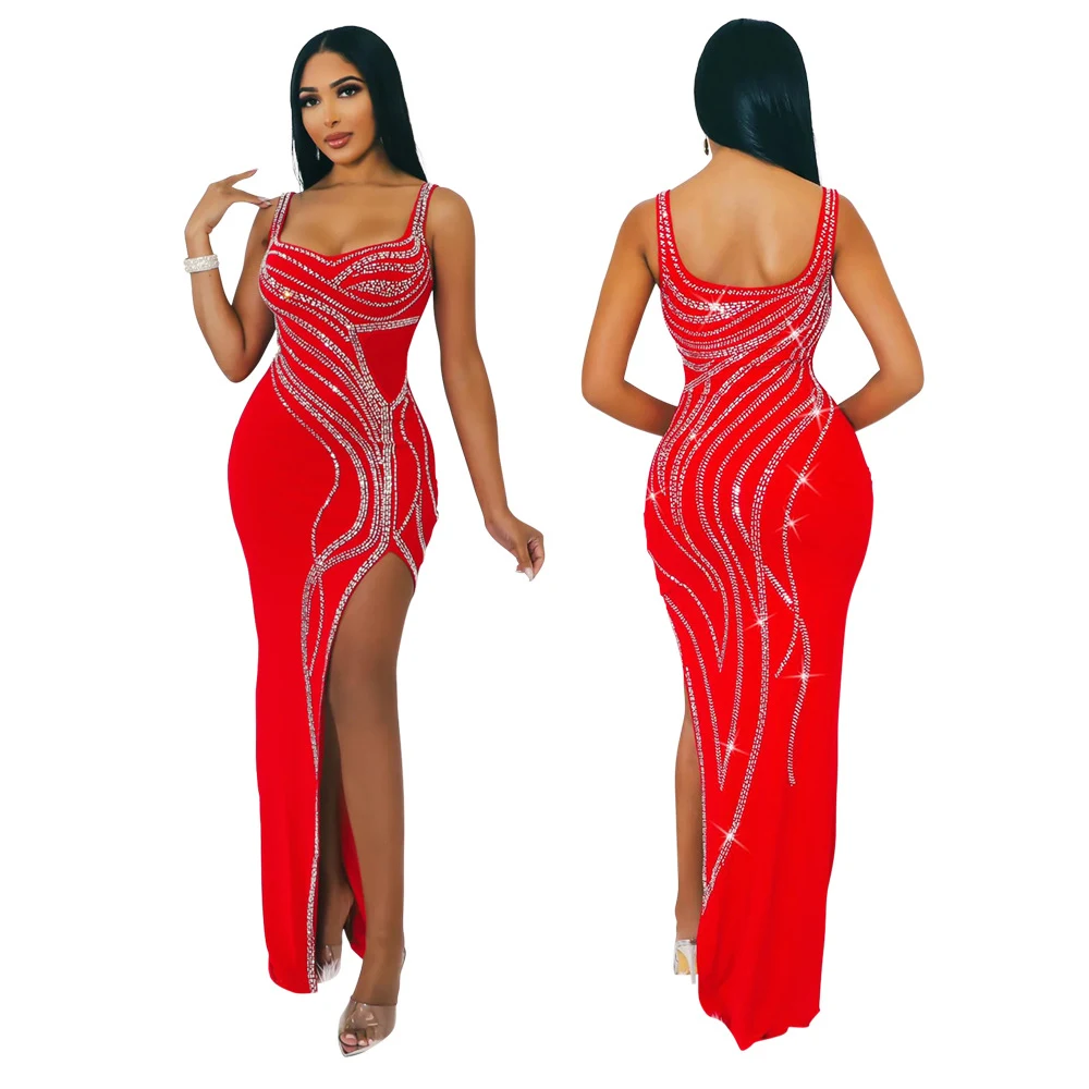 Women's Fashion Suspenders Solid Color Rhinestone High Slit Dress — photo 18