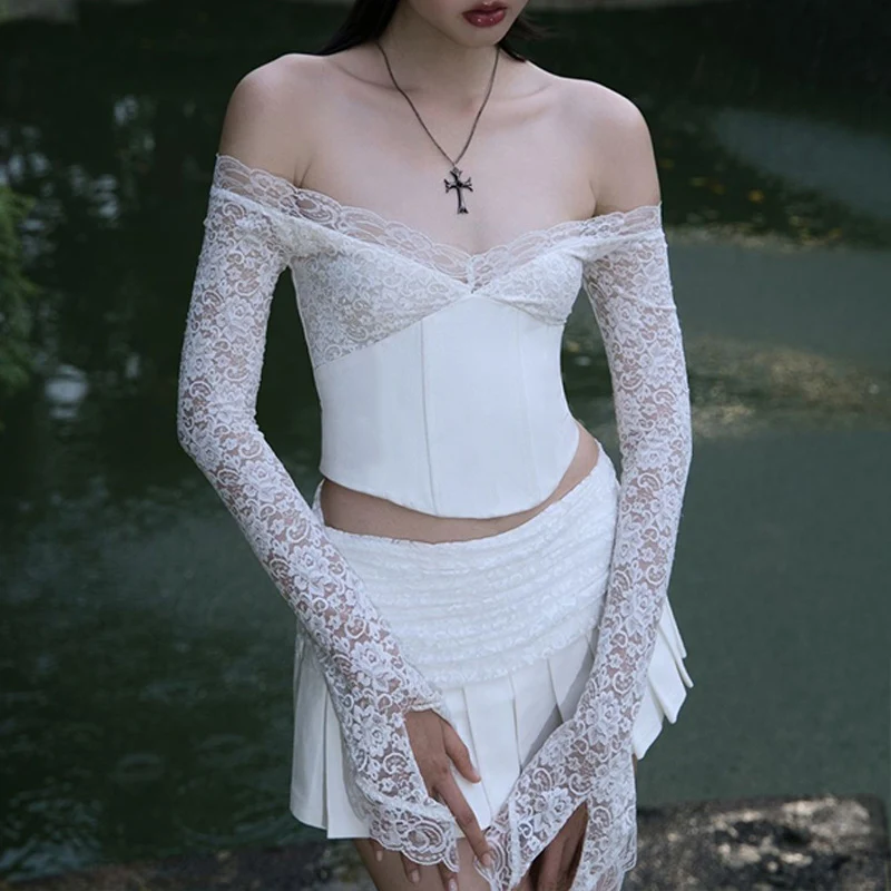 Women's Fashion Low-cut Lace Mesh Long Sleeve Stitching Ruffle Skirt Suit, perfect for a stylish and sophisticated look. — photo 23