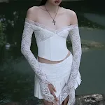 Women's Fashion Low-cut Lace Mesh Long Sleeve Stitching Ruffle Skirt Suit, perfect for a stylish and sophisticated look. — photo 23