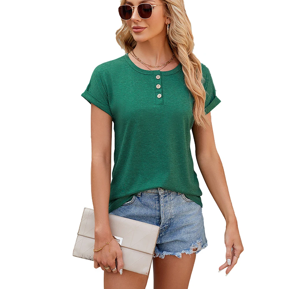 Women's Summer Solid Color Round Neck Button Loose T-shirt — photo 15