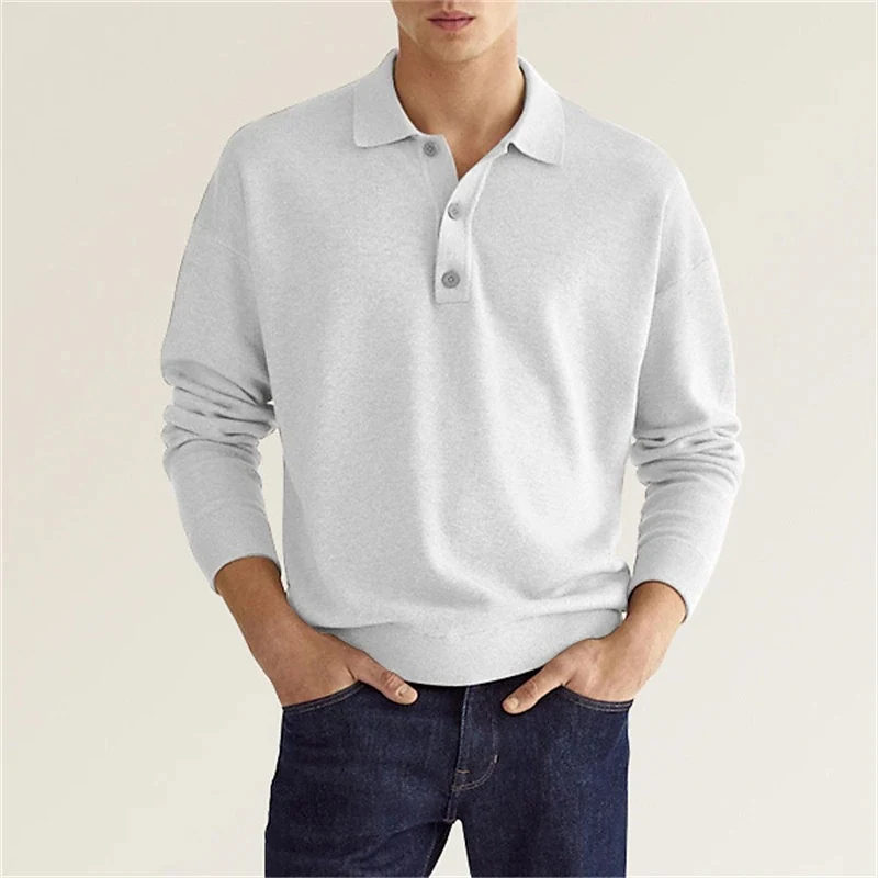 Camisa Polo Masculina Casual Primavera Manga Longa Decote V Botões Top Confortável e Elegante para Homens Perfeita para o Dia a Dia — foto 7