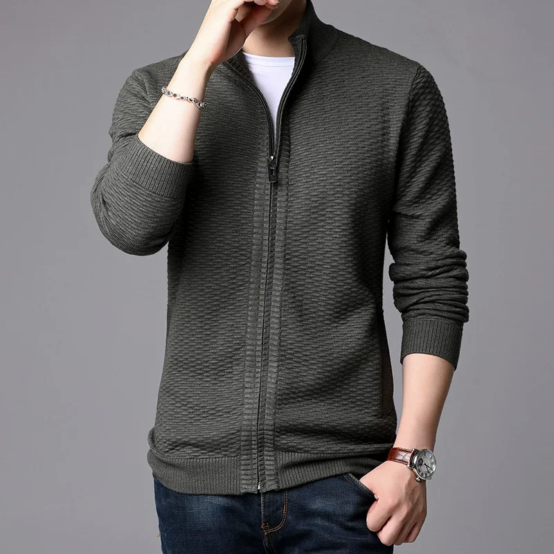 Men's Jacquard Cardigan Sweater Jacket Solid Color Stand Collar Sweater. A stylish and comfortable sweater for a modern — photo 1