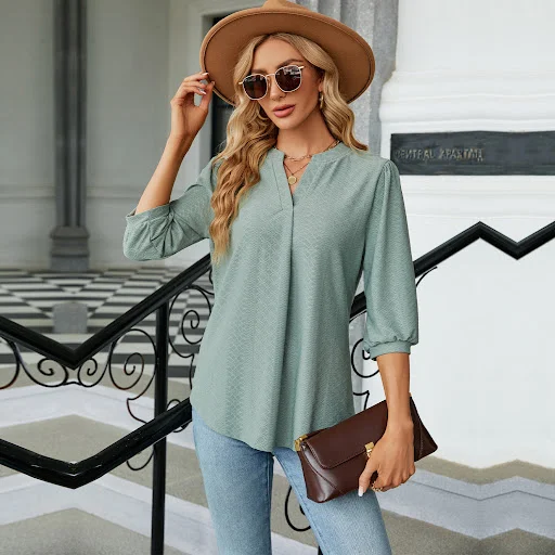 Title 7, Solid Color Lace Collar Jacquard Long Sleeve Lo...