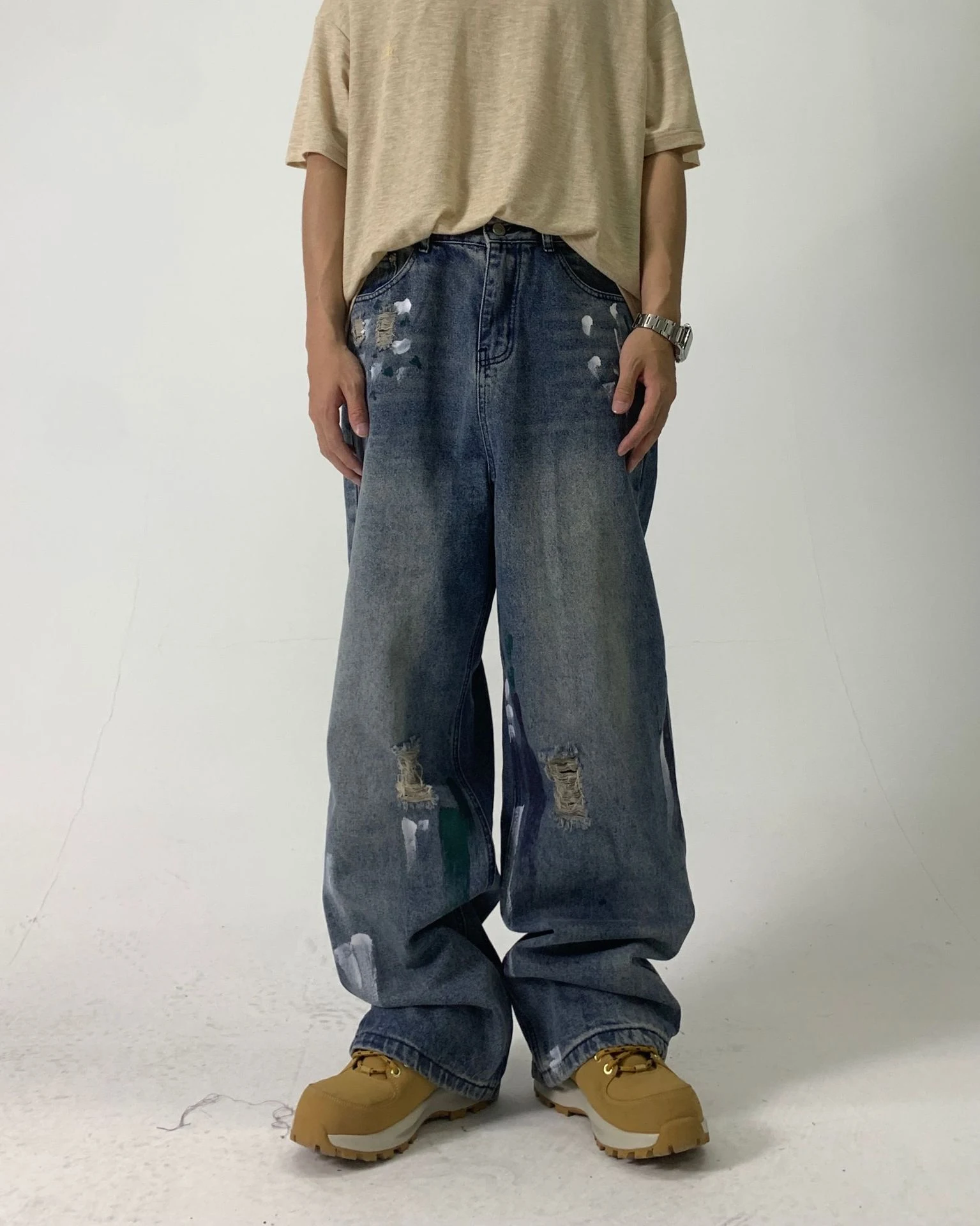 Title 1, Brushed and washed straight tube trousers, comb...