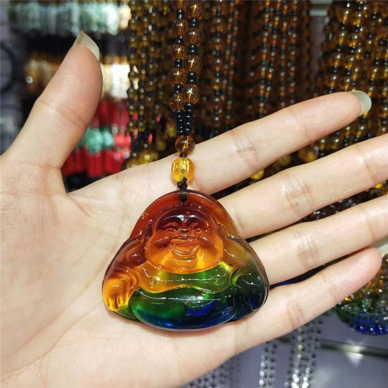 Colar longo feminino de vidro com três cores estilo étnico, Guanyin Maitreya Buda, perfeito para adicionar fé e beleza ao seu visual. — foto 7