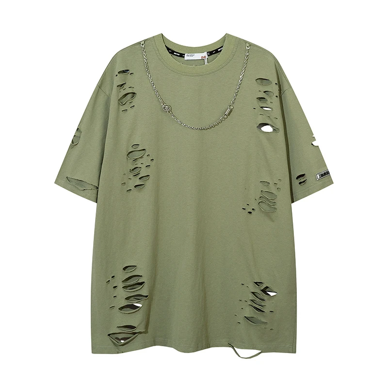 American High Street Hole Cut Broken Design Chain Short Sleeve T-shirt. Achieve a modern and edgy style with this unique — photo 9