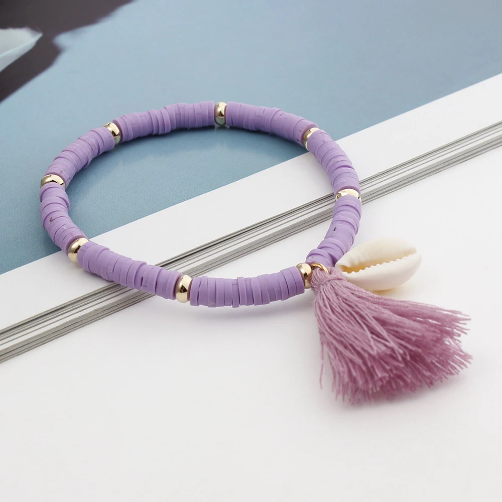 Pulseira Boêmia Arco-íris de Argila Polimérica Colorida com Tassel de Concha, Acessório Verão Charmoso — foto 10