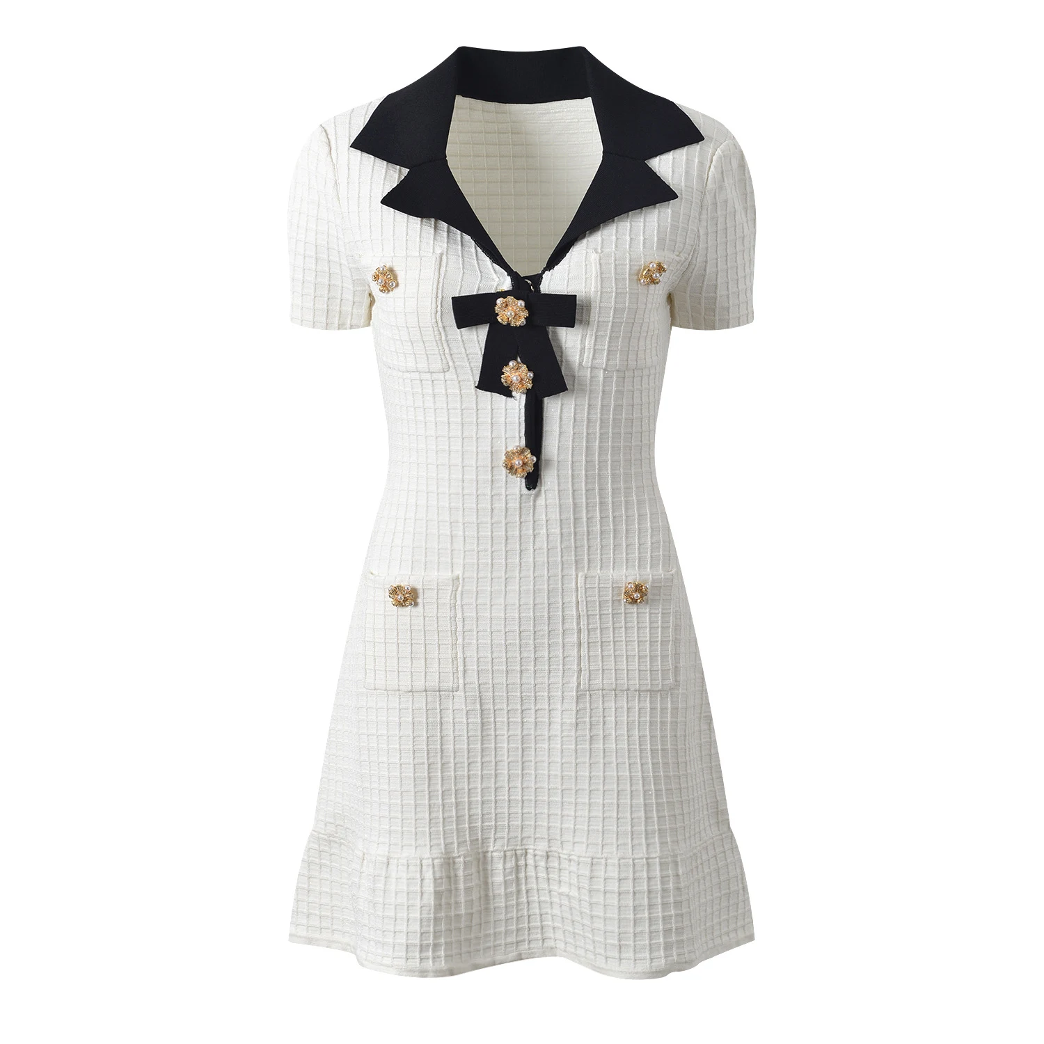 Neues Frühlings- und Sommerkleid mit Diamantverzierungen, Knopf, Schleife und Brosche — foto 9