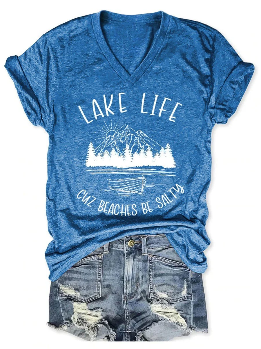 T-shirt con scollo a V con stampa a tinta unita primaverile ed estiva in Europa e America — foto 3