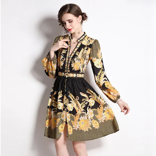 Title 6, Vintage Printed Lantern Sleeve V-neck Tight Wai...